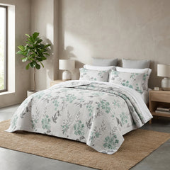 Colcha de Casal Botânica Verde e Cinza com 2 Fronhas