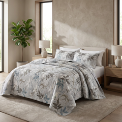 Colcha de Casal Botânica Cinza com 2 Fronhas